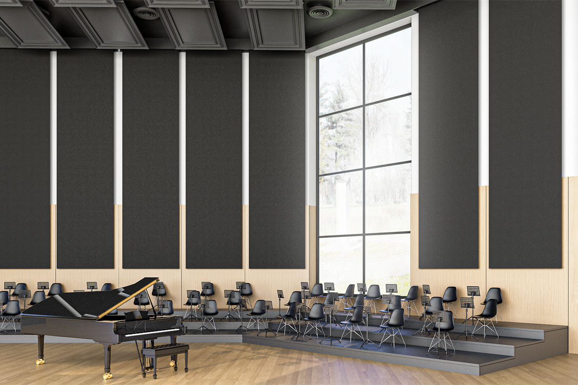 Wizualizacja sali koncertowej, w której zastosowano automatyczny system rozwijanych banerów akustycznych Up-sorber Roll w celu polepszenia akustyki pomieszczenia