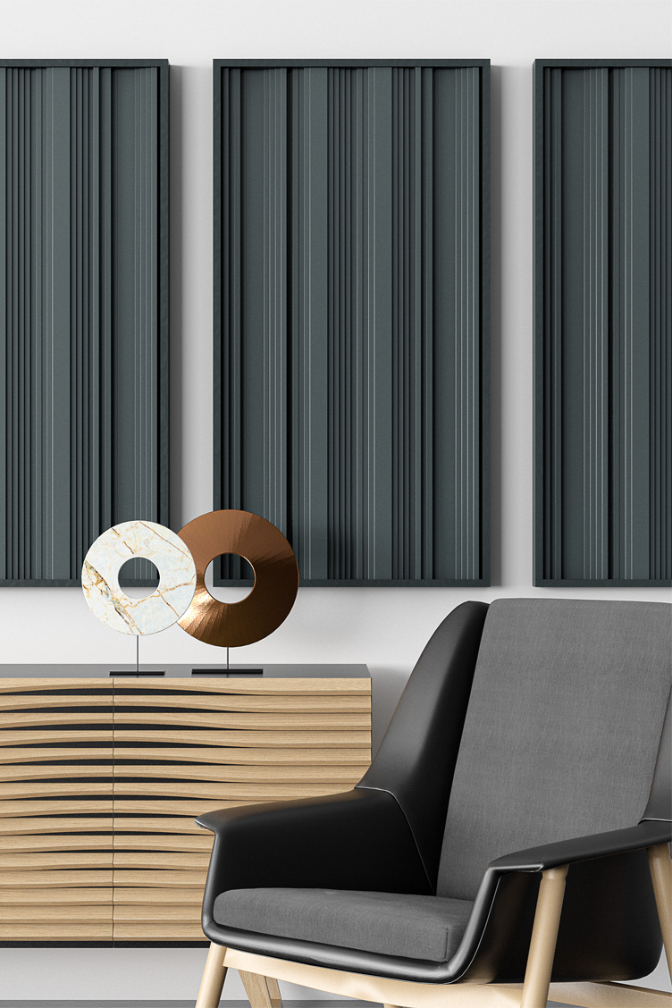 Wizualizacja modułowego panelu akustycznego OptiDi Panel zastosowanego na ścianie w salonie