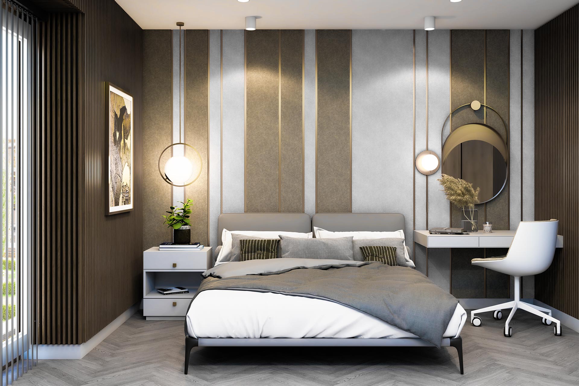 Composition of decorative sound-absorbing panels in bedroom