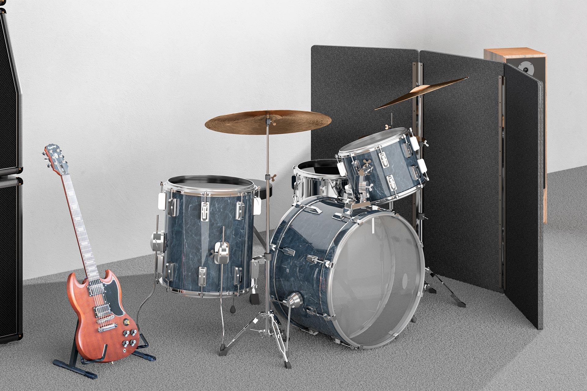 Acoustic drum screen in rehearsal room