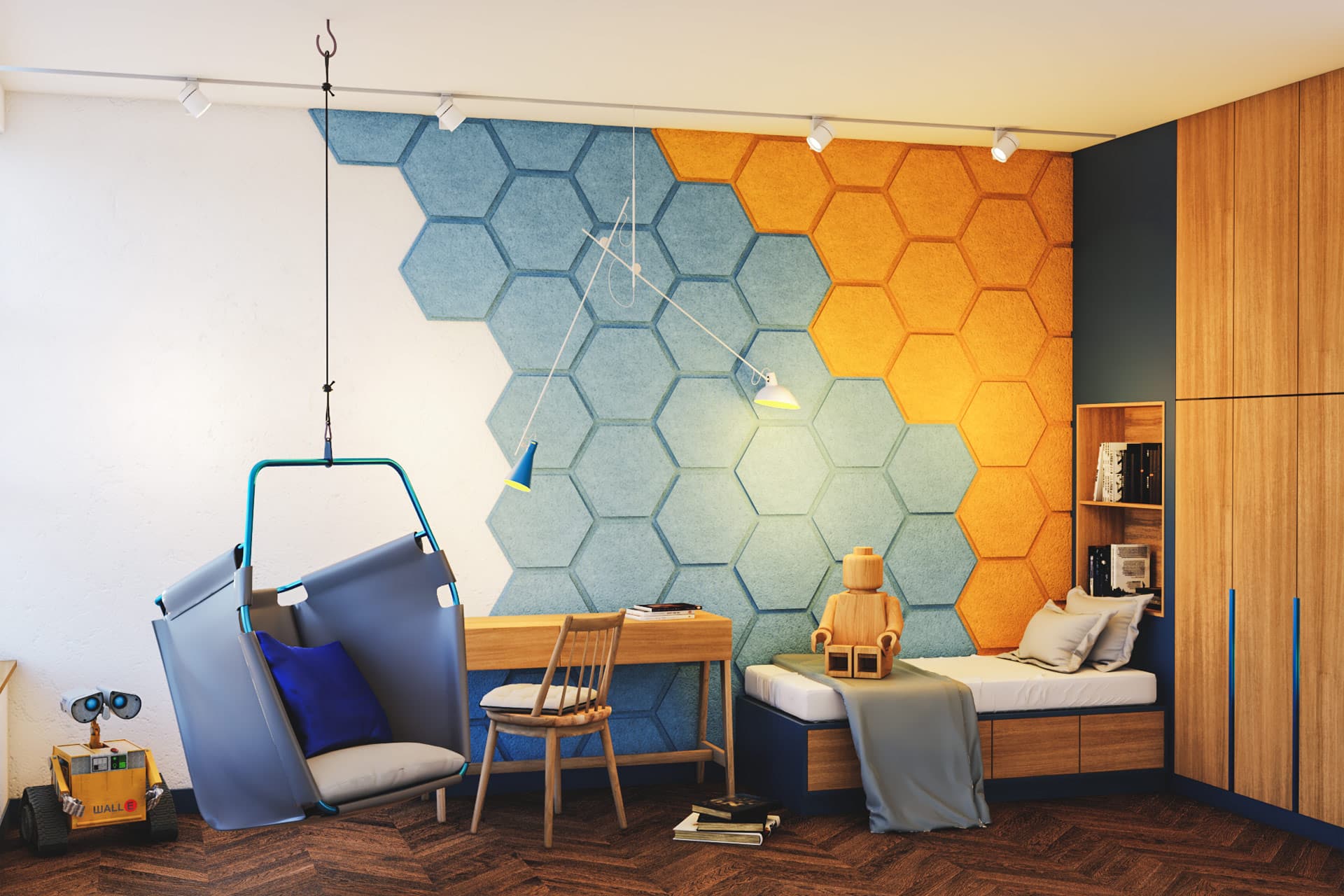 Decorative multicoloured 3D tiles for walls in boy bedroom