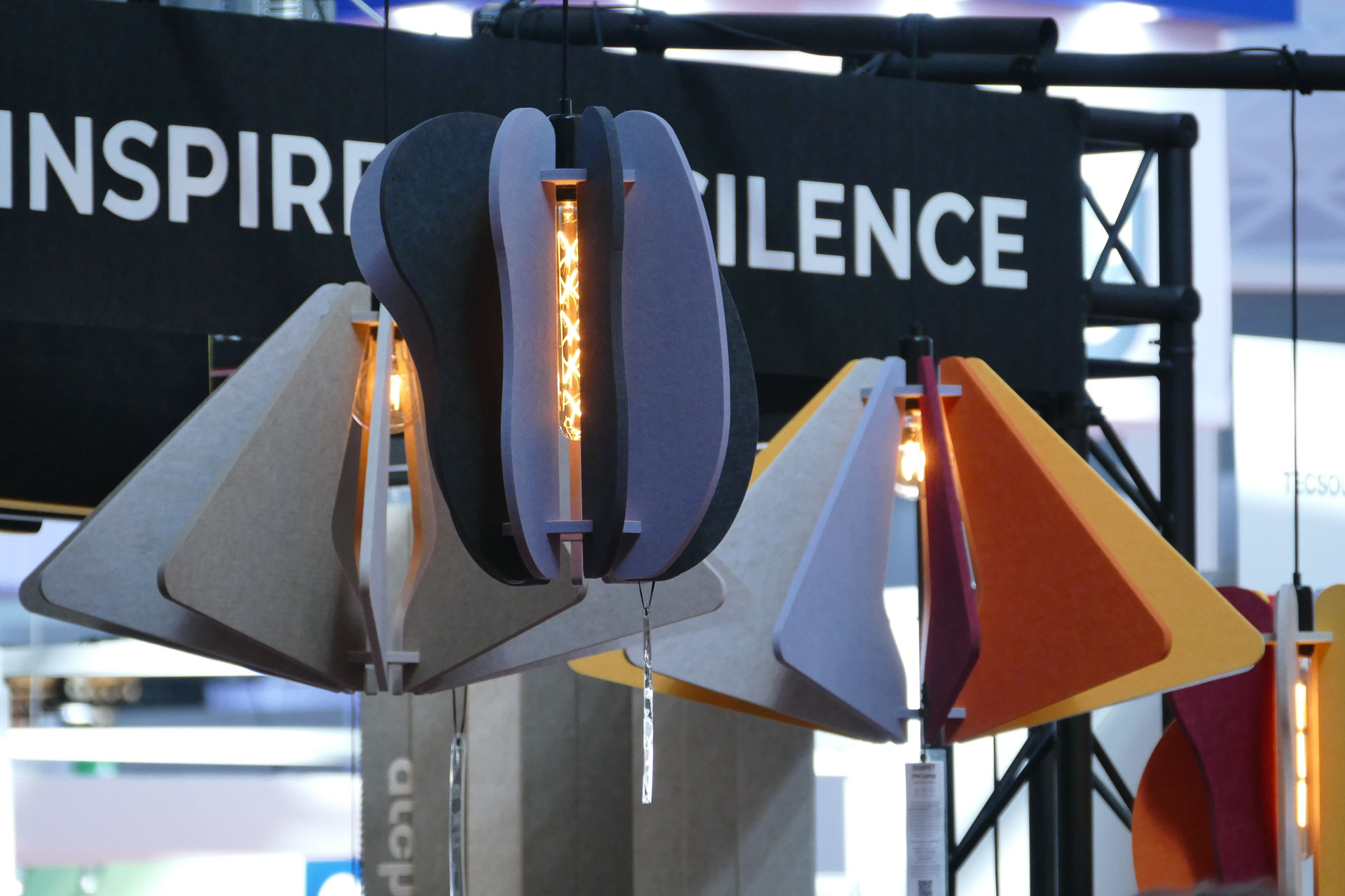 Colourful acustic sound absorbing lamp shades at Batimat 2022 trade show